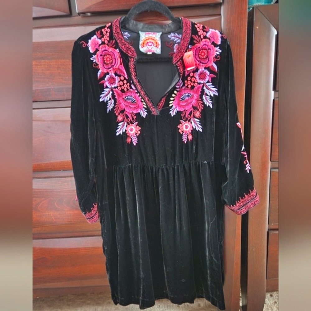Johnny Was Marcella Floral Velvet Henley Tunic Pockets Dress Heavy Embroidery M - Picture 10 of 13